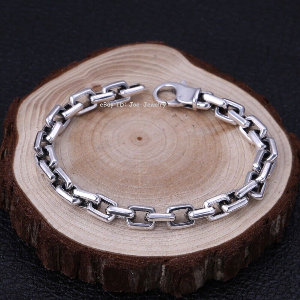 Real 925 Sterling Silver Men’s Bracelet 7mm Rectangle Cable Link 7.87inch