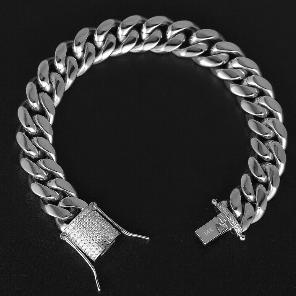 Solid Stainless Steel Necklace Cuban Link Chain For Men Iced out CZ Clasp 8-14MM