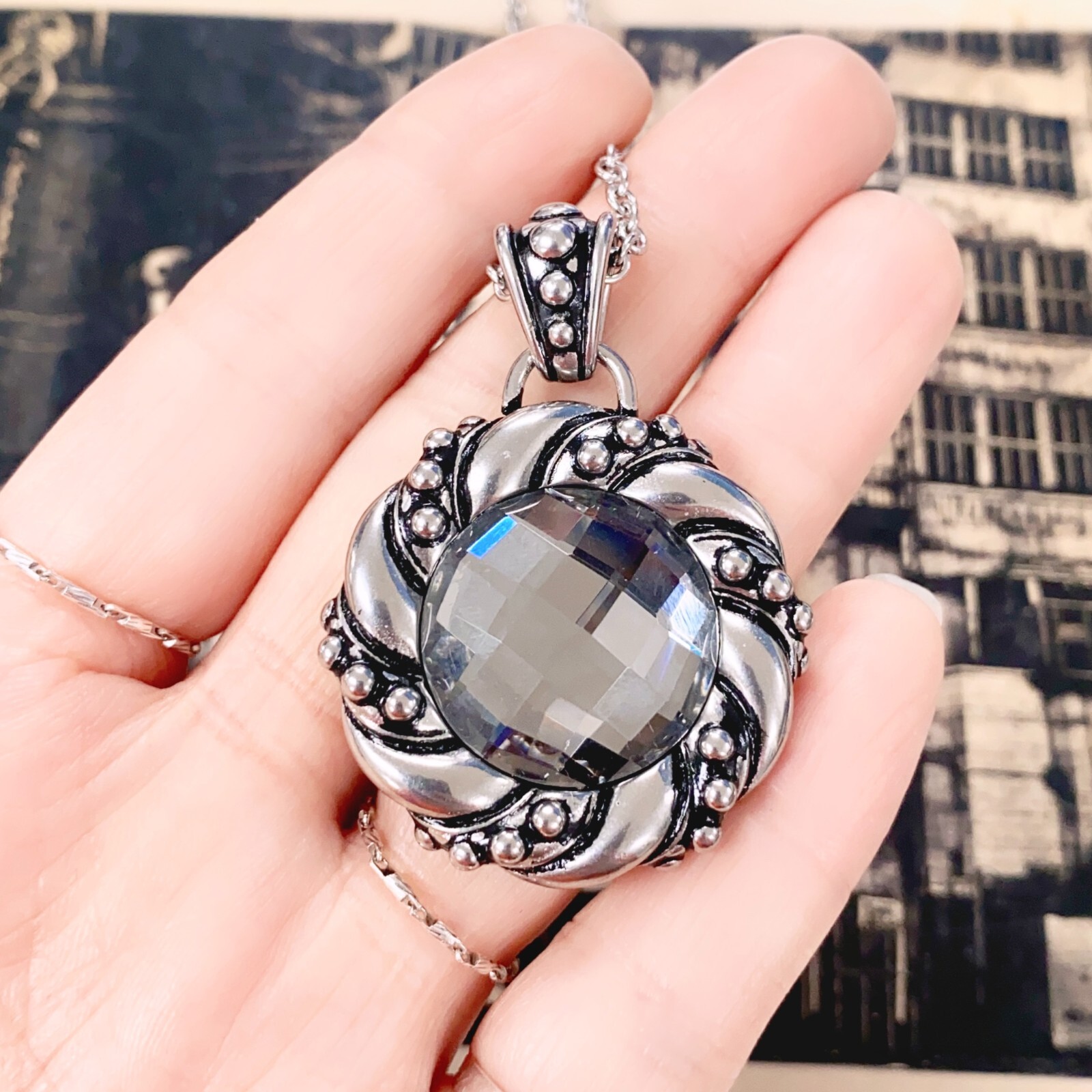 twist round necklace clear faceted glass stainless steel pendant necklace