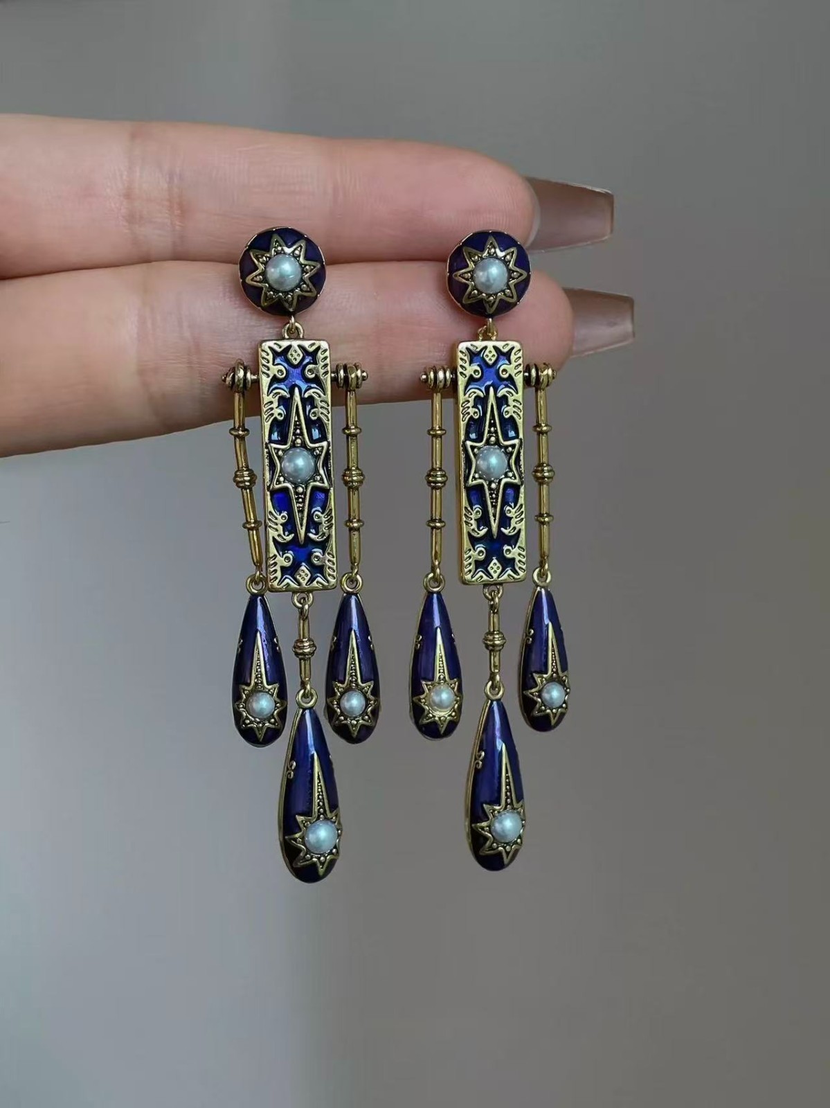 Vintage Blue Enamel Drop Earrings Pearl Gold Tone Dangle Statement Baroque
