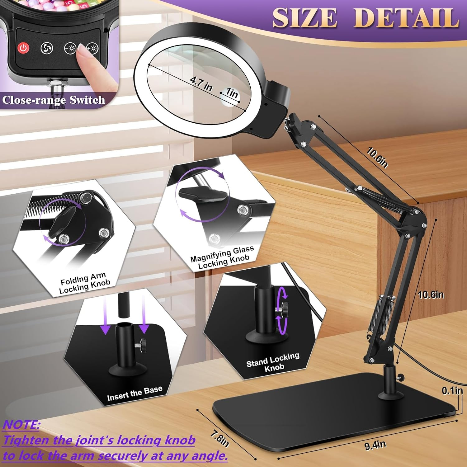 10X 30X Large Magnifying Glass with Light and Stand, 5-Inch Lighted Magnifier, 7