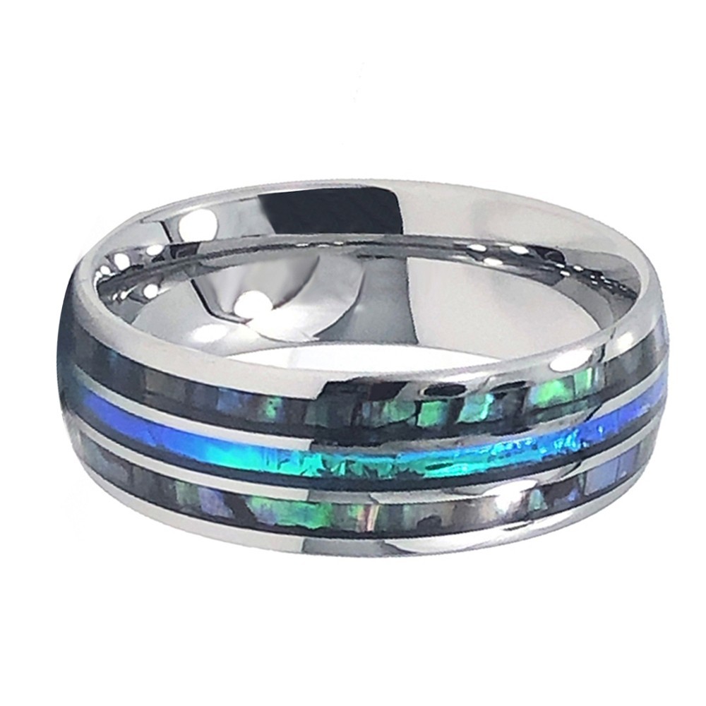 🔥NEW! Silver Tungsten Abalone Blue Inlay Engagement Wedding Band Mens Ring 8mm
