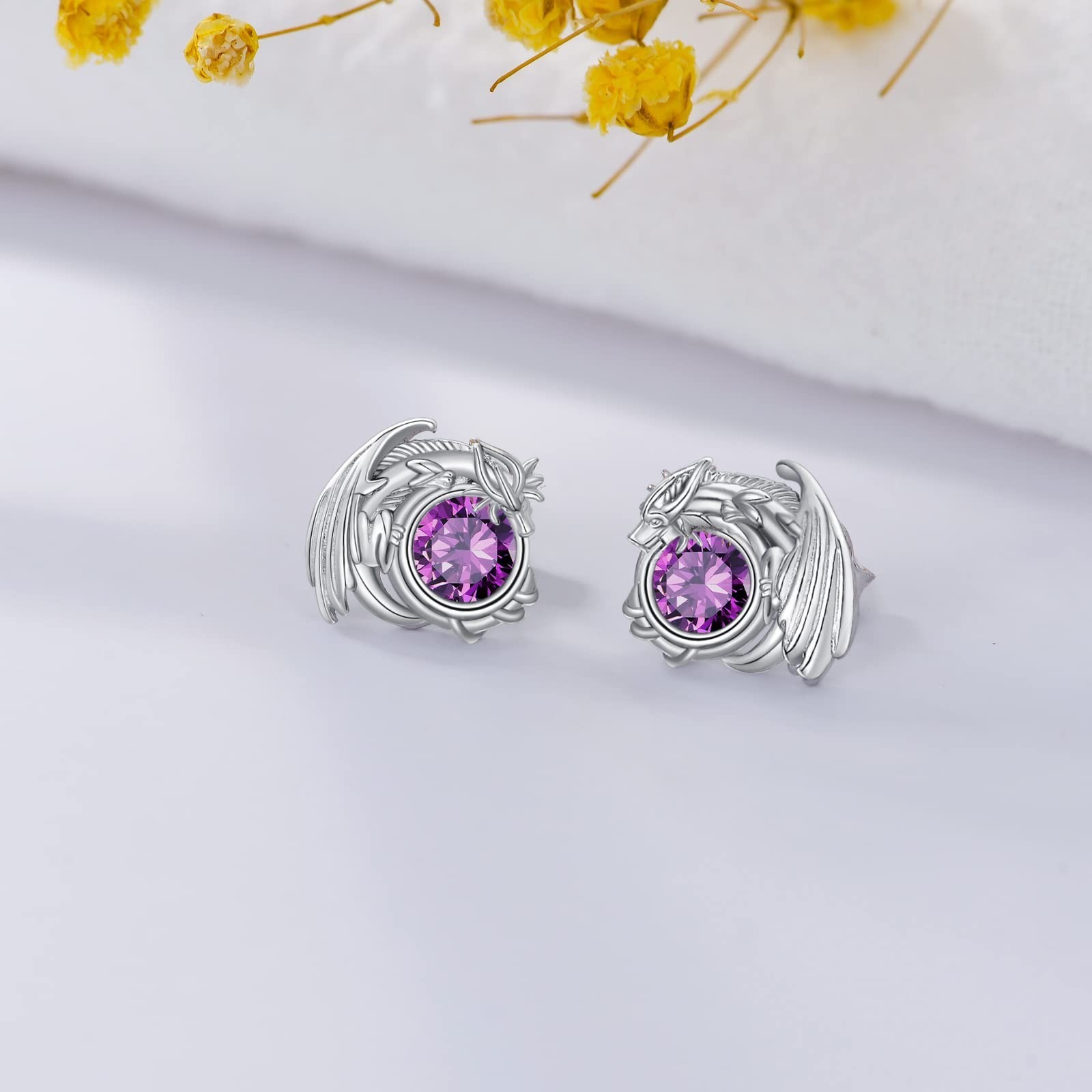 Dragon Earrings Sterling Silver Stud Hypoallergenic Birthstone Crystal Dragon…