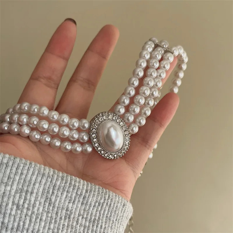 Multi Layer Pearl Necklace, Women’s Jewelry Set with Diamonds Imitation Pearl