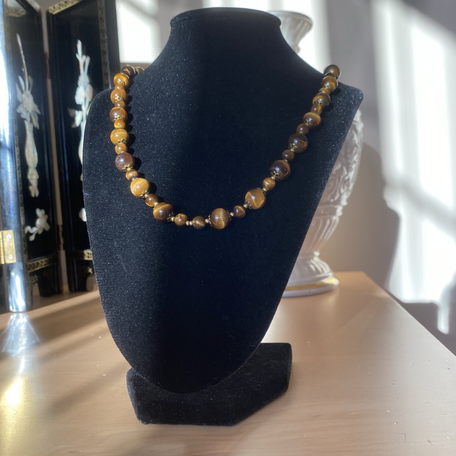 Vintage Tigers Eye Necklace Estate Fine Jewelry Pre-Owned Floral Filigree 25″