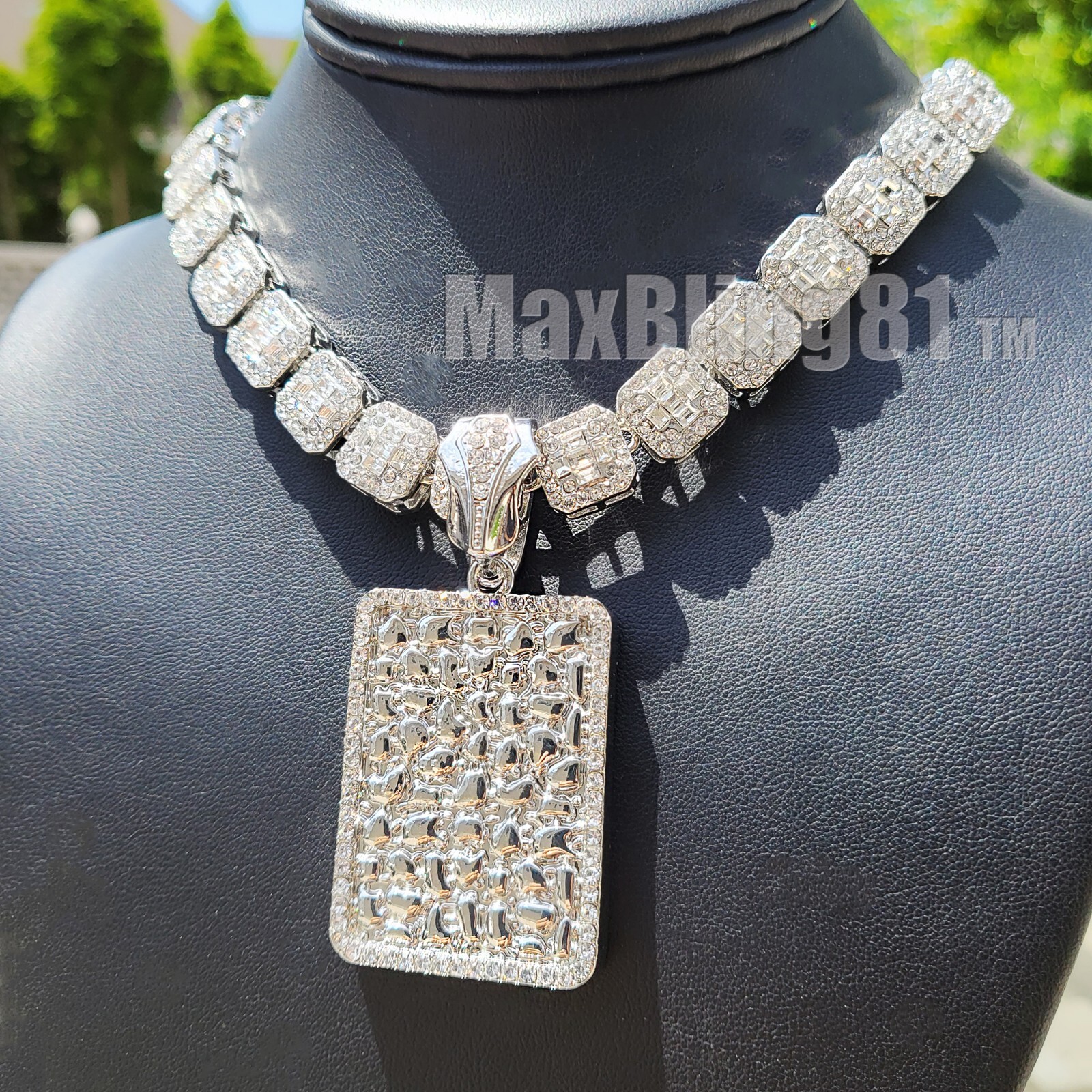 Hip Hop Silver Plated Alloy Nugget Dog Tag Pendant Cubic Zirconia Chain Necklace