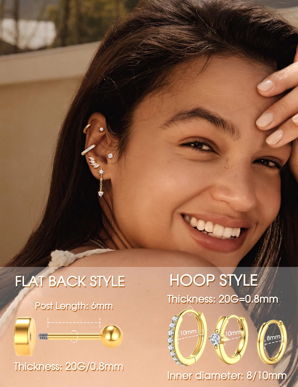 YADOCA 20G Helix Piercing Jewelry Flat back 20G=0.8MM, 14k Gold Plated