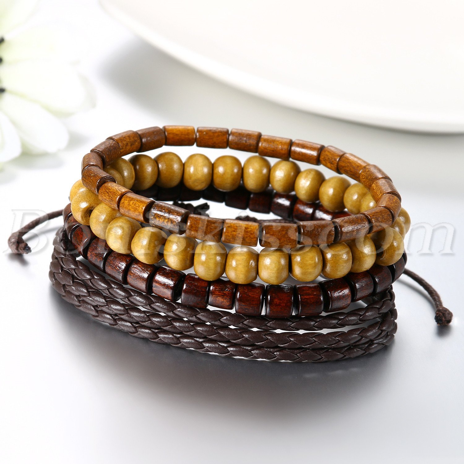 4pcs Men Women Handmade Retro Brown Leather Beaded Bracelet Cuff Set Adjustable