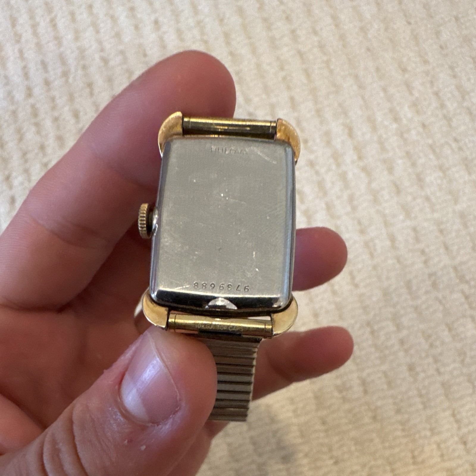 Bulova Vintage Rectangle Manual Wind Watch. Small Sec Gold. RUNS WELL