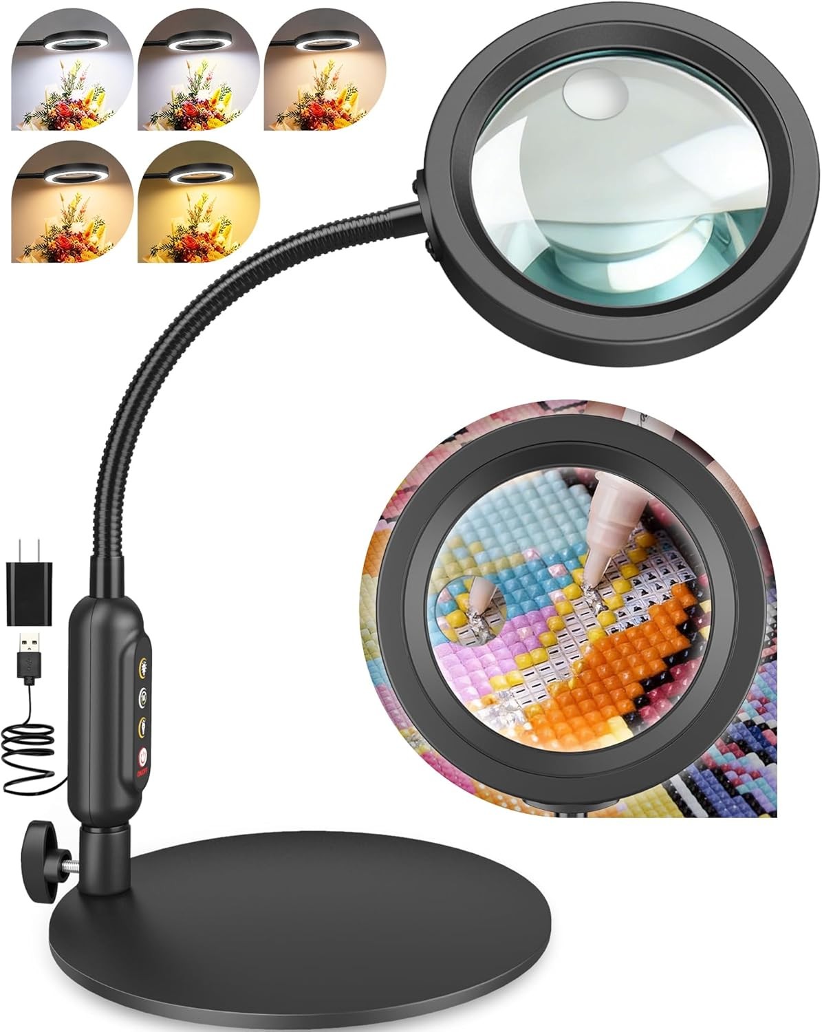 30X 10X Magnifying Glass with Light and Stand, 5 Color Modes Stepless Dimmable,