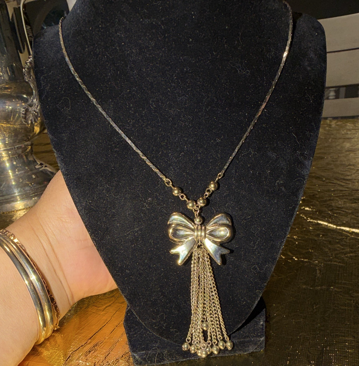 Silver-Tone Korean Vintage Metal Bow Tassel Pendant Necklace, Snake Chain,