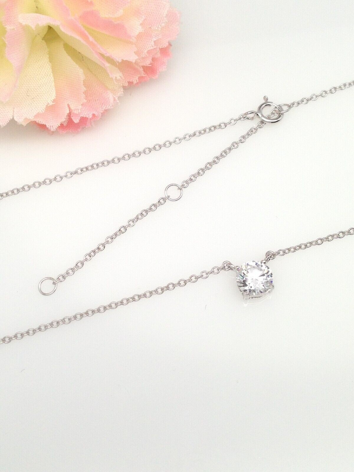 925 Sterling Silver CZ Round Solitaire Pendant Necklace Dainty 5.8mm 17.25″