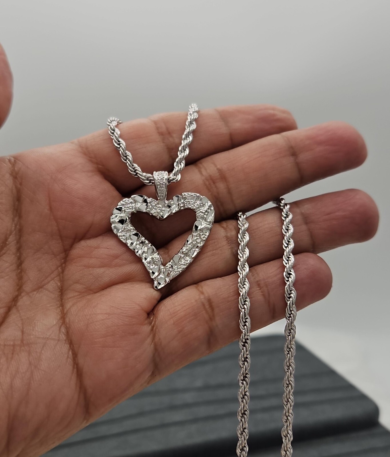 Silver Nugget Heart Necklace: 3mm Fremch Rope Chain, Lifetime Replacement Guaran