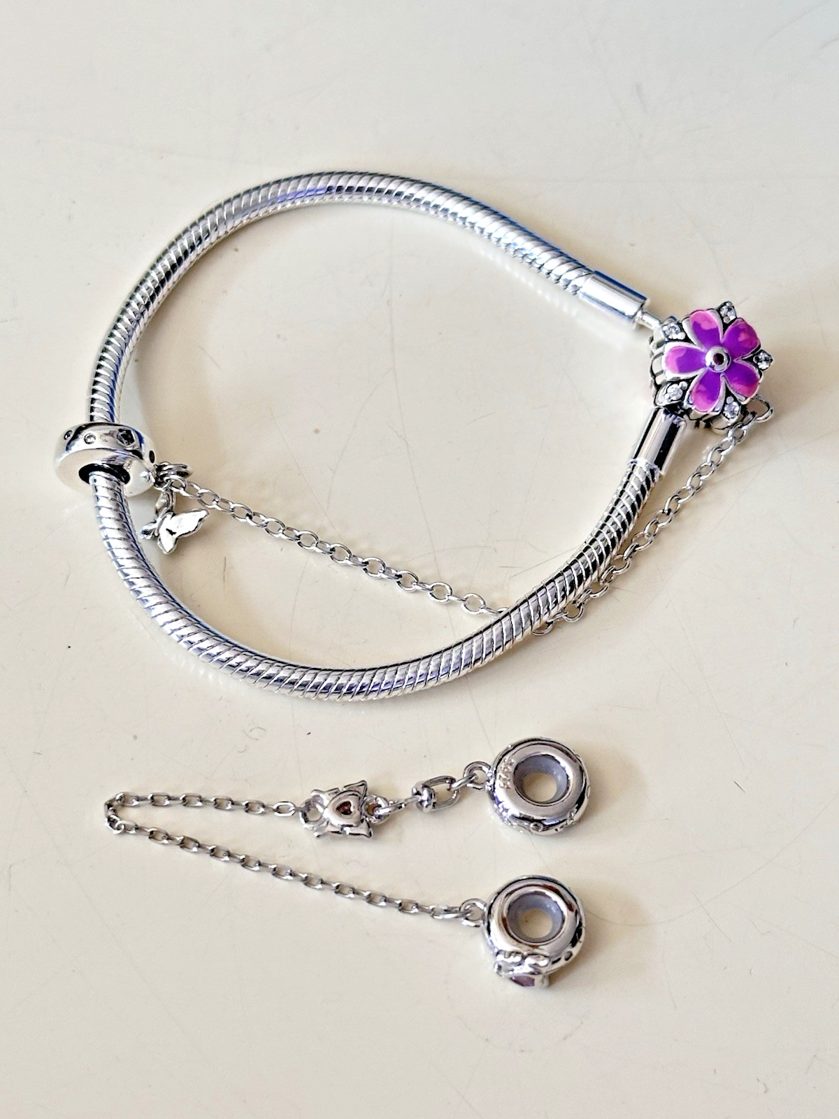 2 PANGAMA SILVER BRACELET PURPLE FLORAL CHARM WITH SAFETY CHAIN + EXTENSION NEW