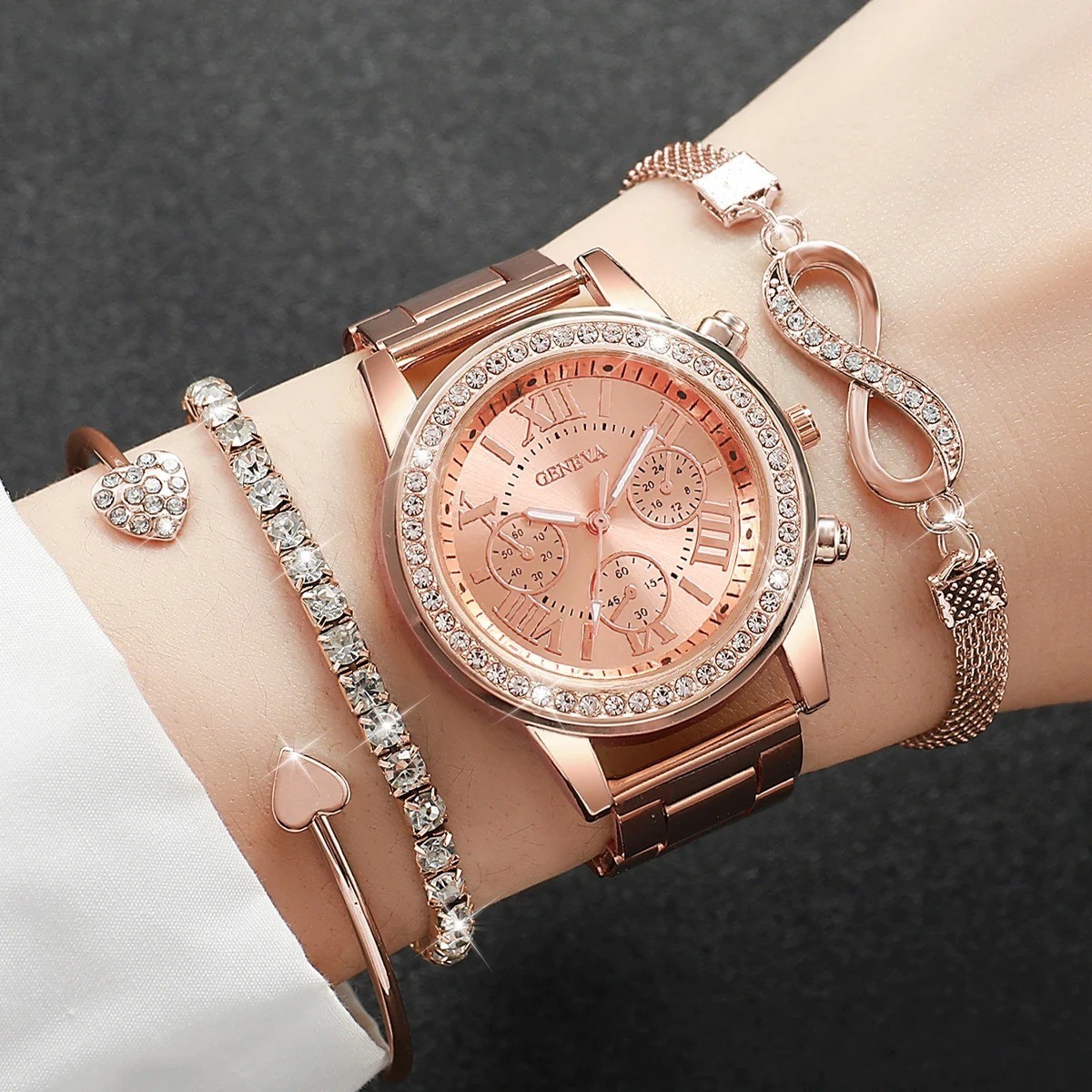 4PCS/Set Fashion Rhinestone Women Watches Luxury Steel Band Ladies Quartz Watch