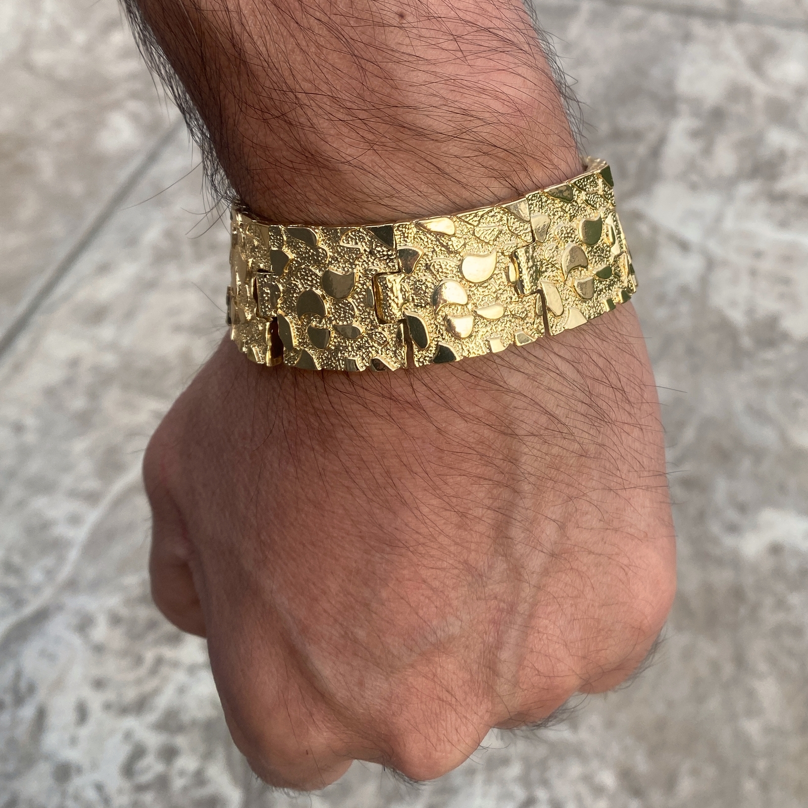 Men’s 14K Gold Plated “Gold Nugget” Heavy Hip Hop Bracelet Big 24MM Thick 8″ in