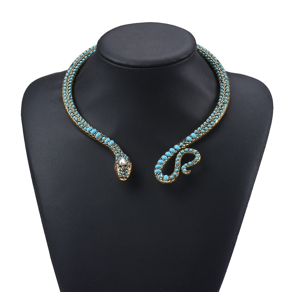 Snake Choker Women Aqua Blue Choker Necklace Gold Plated New Eye Catcher