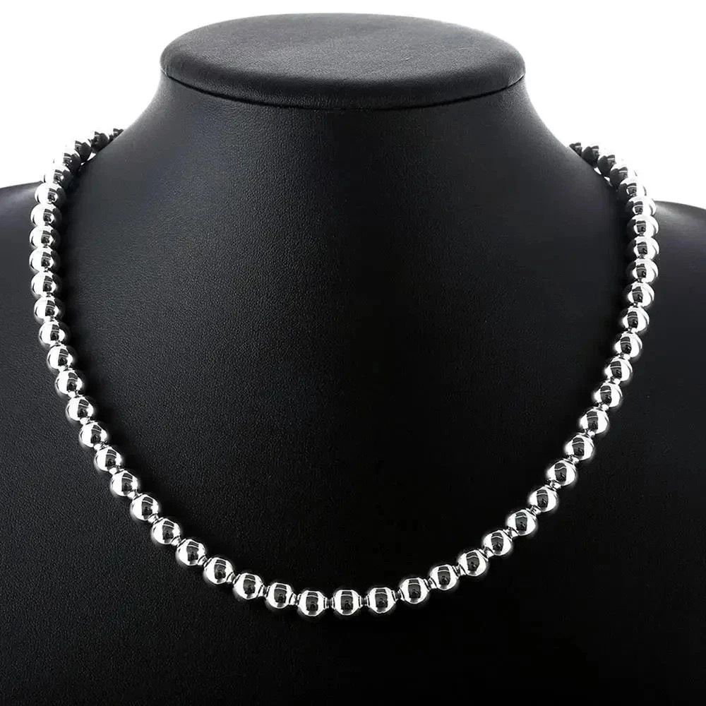 1Pcs Women’s 925 Sterling Silver 8mm Hollow Balls Beads 20″ Chain Necklace