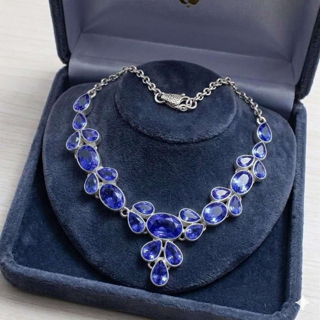 Blue Tanzanite Gemstone 925 Sterling Silver Jewelry Necklace Size-17-18″