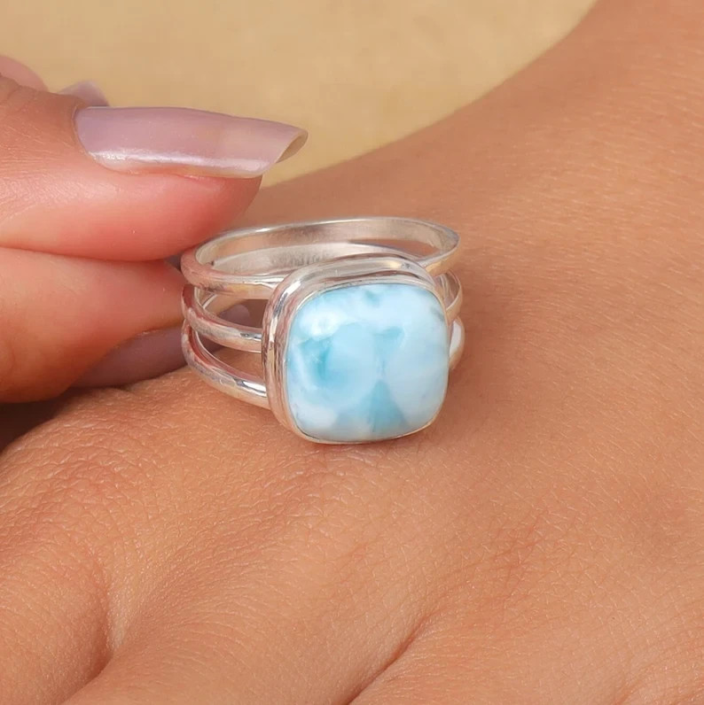 Larimar Ring 925 Sterling Silver Band& Statement Ring Handmade Ring All Size