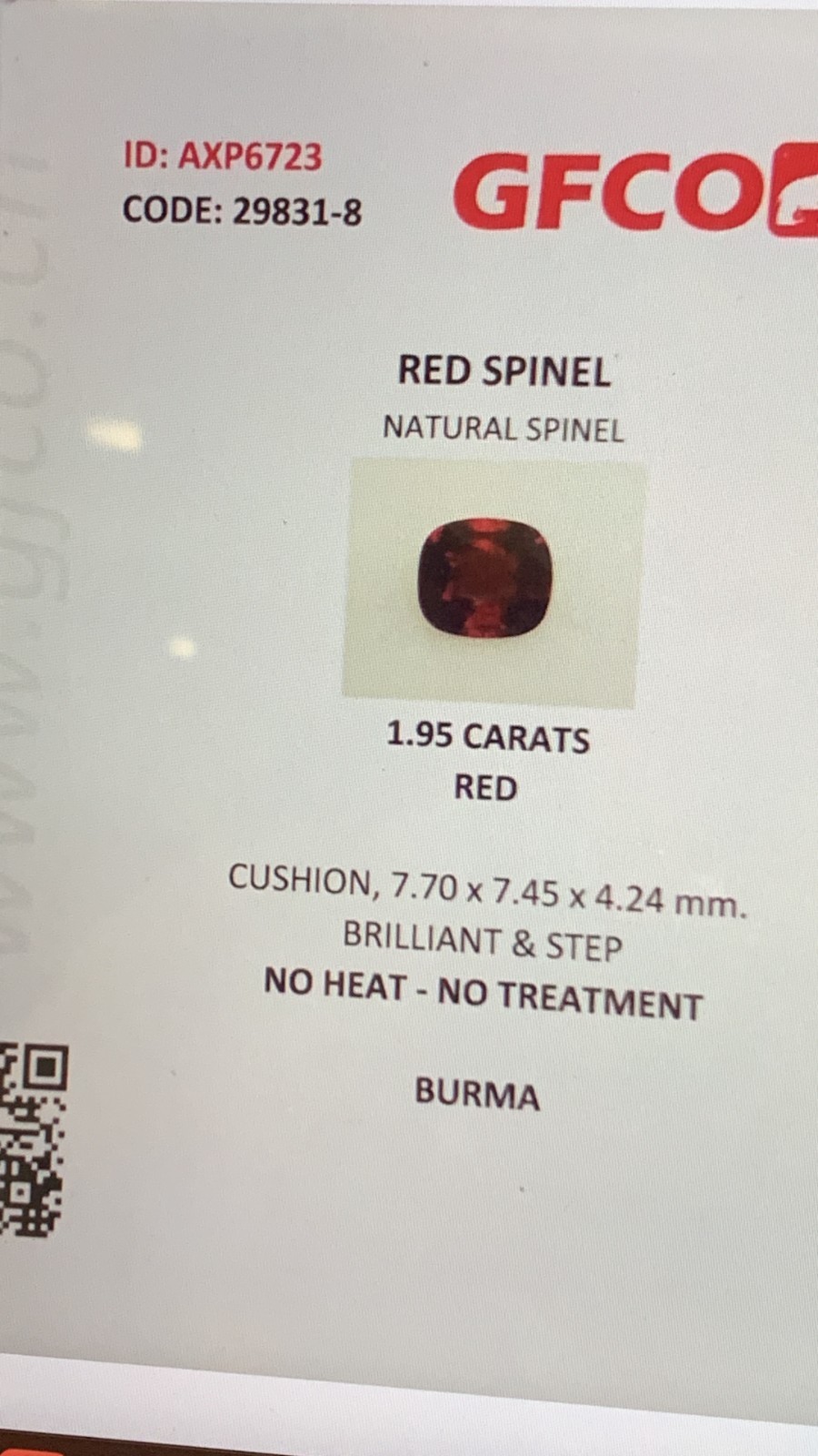 1.95 Ct Natural Red Spinel Cushion Cut From Burma, Certified Gemstone No Heat