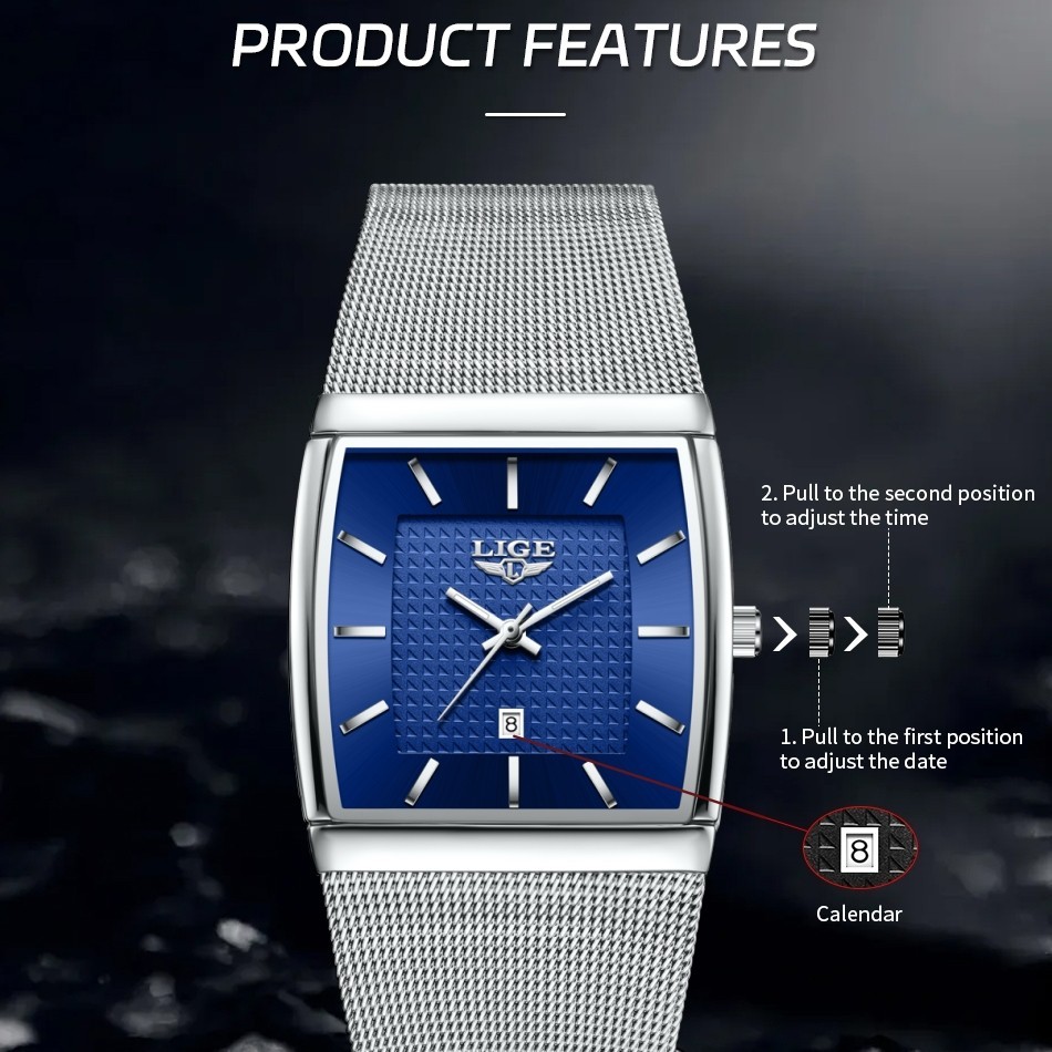 LIGE Men Watch Big Dial Quartz Date Digital Luminous 5ATM Waterproof Wristwatch