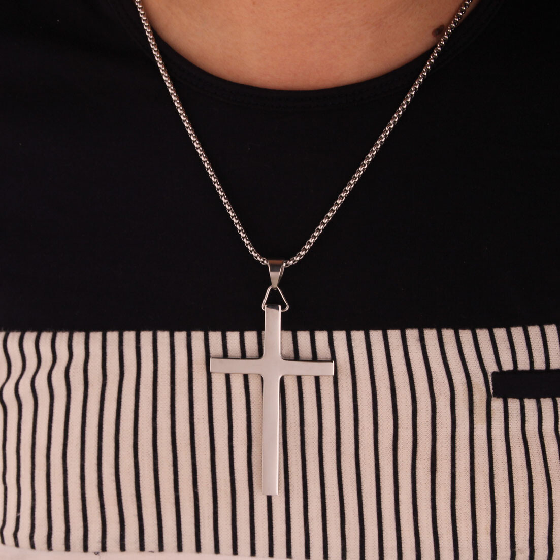New Gift Unisex’s Men’s Silver Stainless Steel Big Cross Pendant Chain Necklace