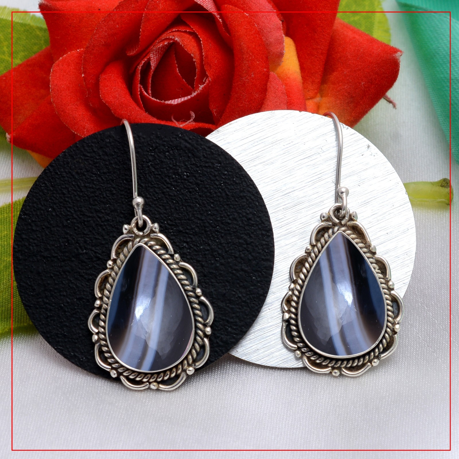 Banded Agate Sterling Silver Earrings Gift For Women Unique Artisan Drop Earring