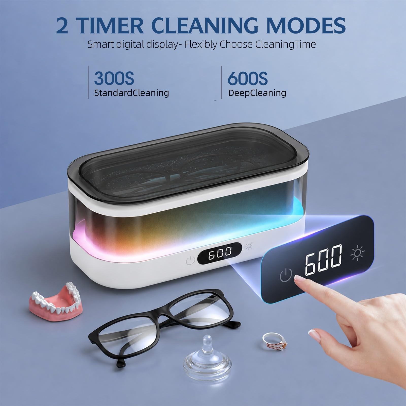 Ultrasonic Jewelry Cleaner 48KHz with RGB Lights, 350ML Stainless Steel Tank, Du