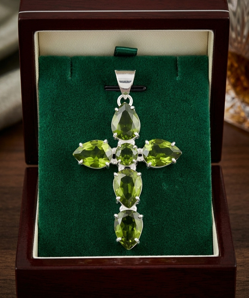Green Peridot Gemstone Cross Pendant 925 Sterling Silver Artisan Jewelry S-1.50″