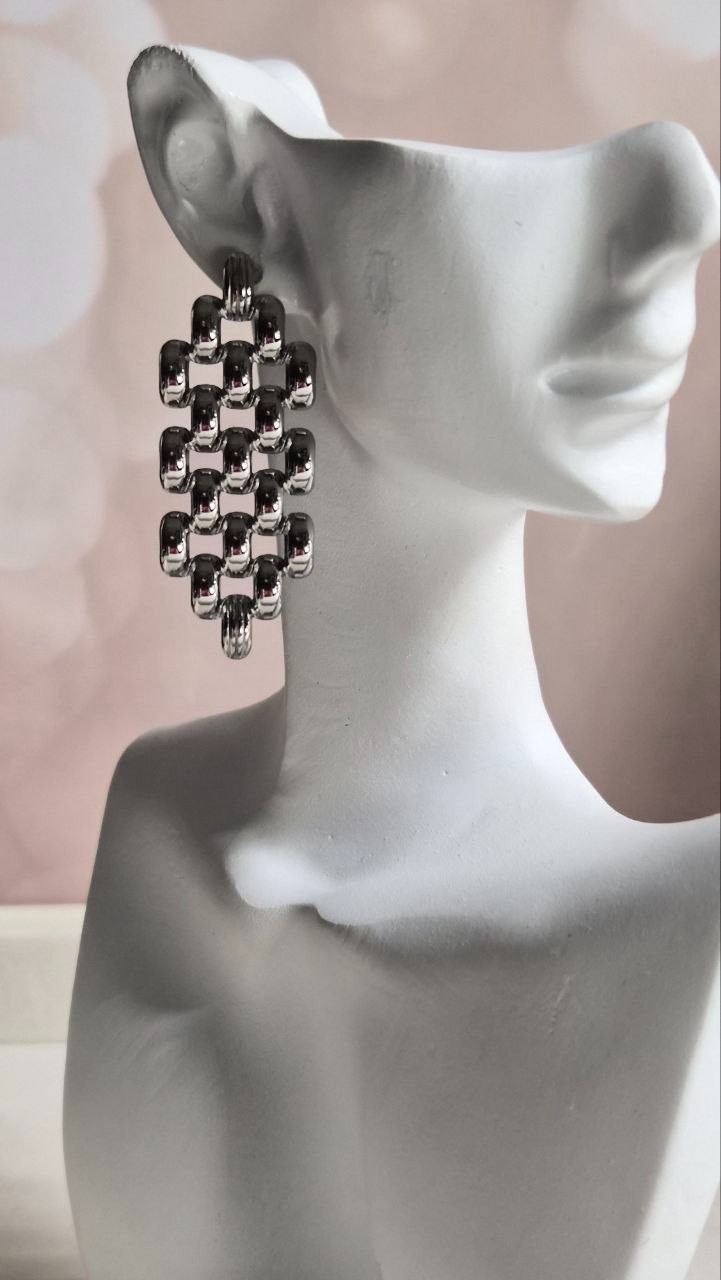 Stainless Steel Hollow Out Chain‑Link Earrings, Geometric Woven Design