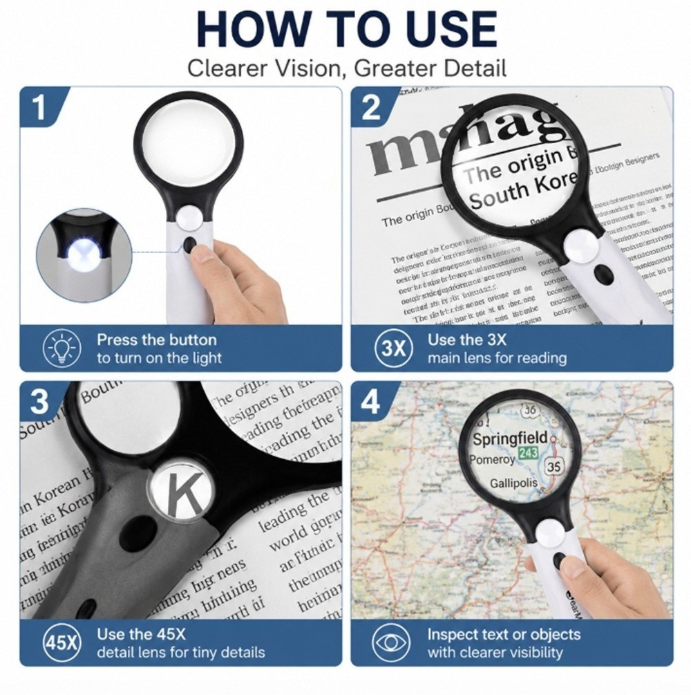 NEW 45X LED Jewelry Loupe Magnifier Handheld Reading Glass 3 Modes Portable
