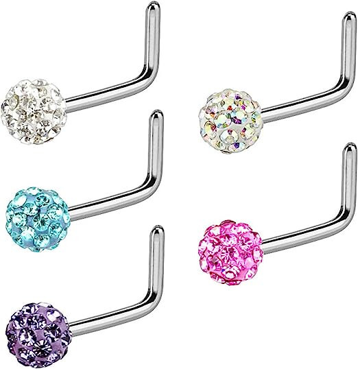 5Pcs L Shape Nose Studs 20G Surgical Steel 3mm Ferido Ball Nose Rings Piercing