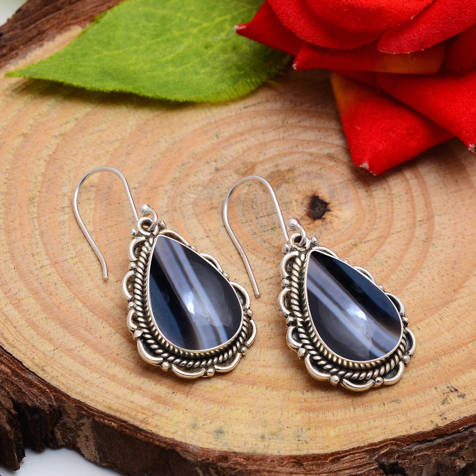 Banded Agate Sterling Silver Earrings Gift For Women Unique Artisan Drop Earring