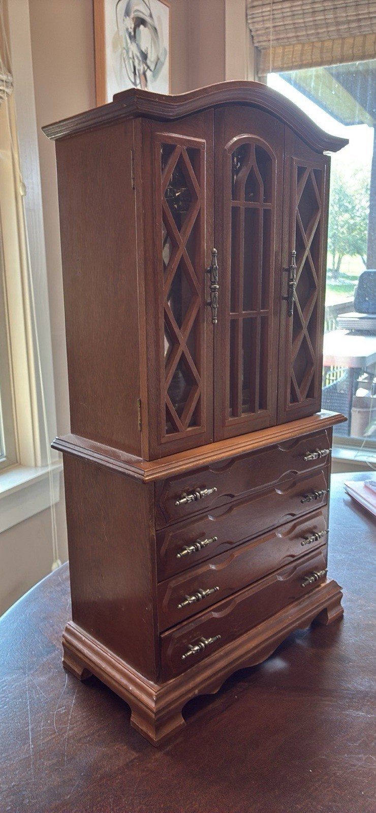 Brown Wood Jewelry Box Armoire w/ Mirror, Velvet Lined Drawers, Ring Storage