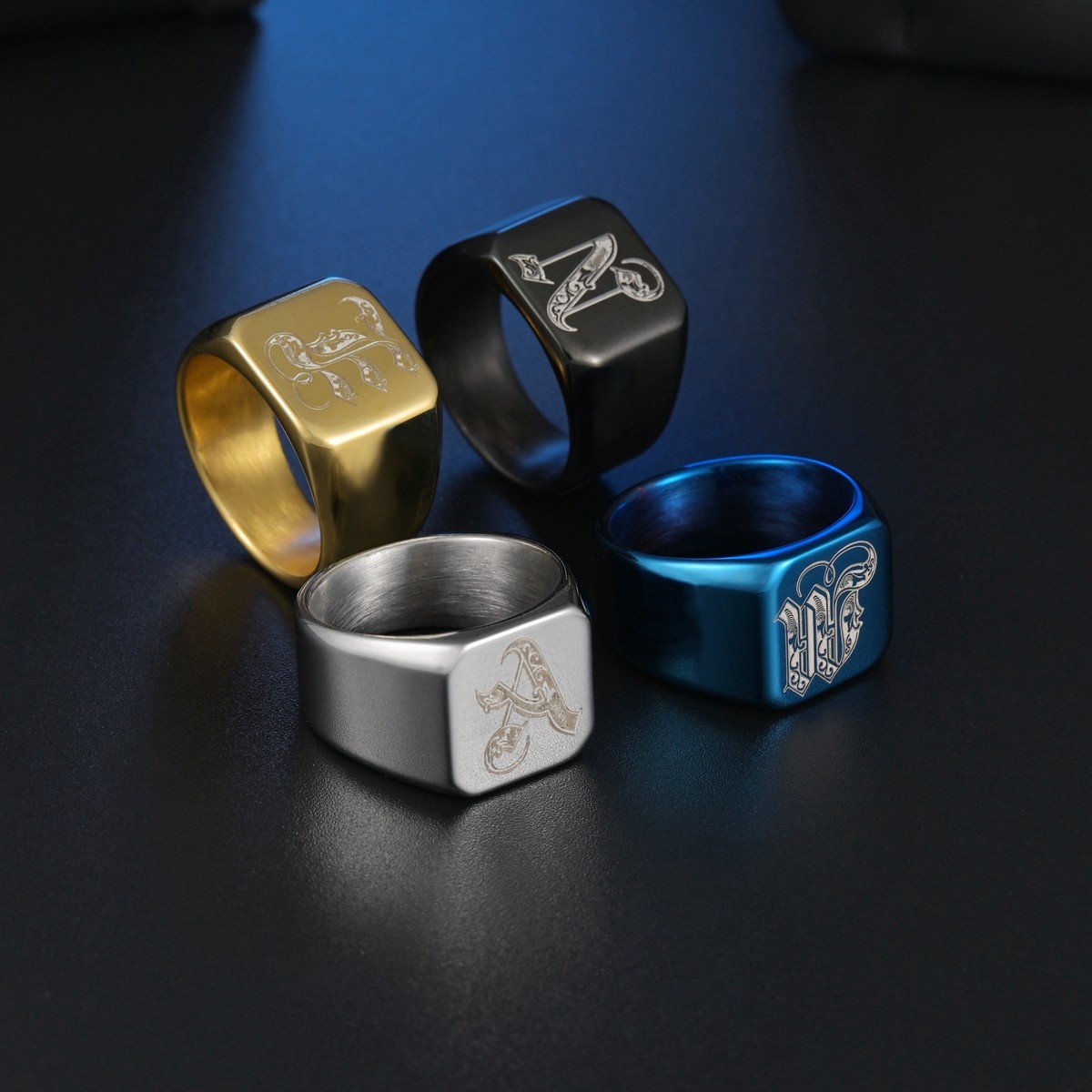 Men’s Stainless Steel Initial Letter Ring Double Beveled Edges Fashion