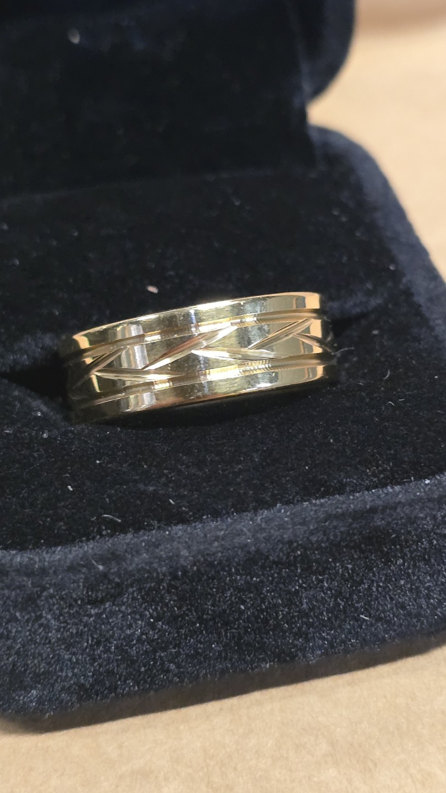 Men’s Gold Tungsten Wedding Ring Textured Band High Polish Comfort Fit Size 10