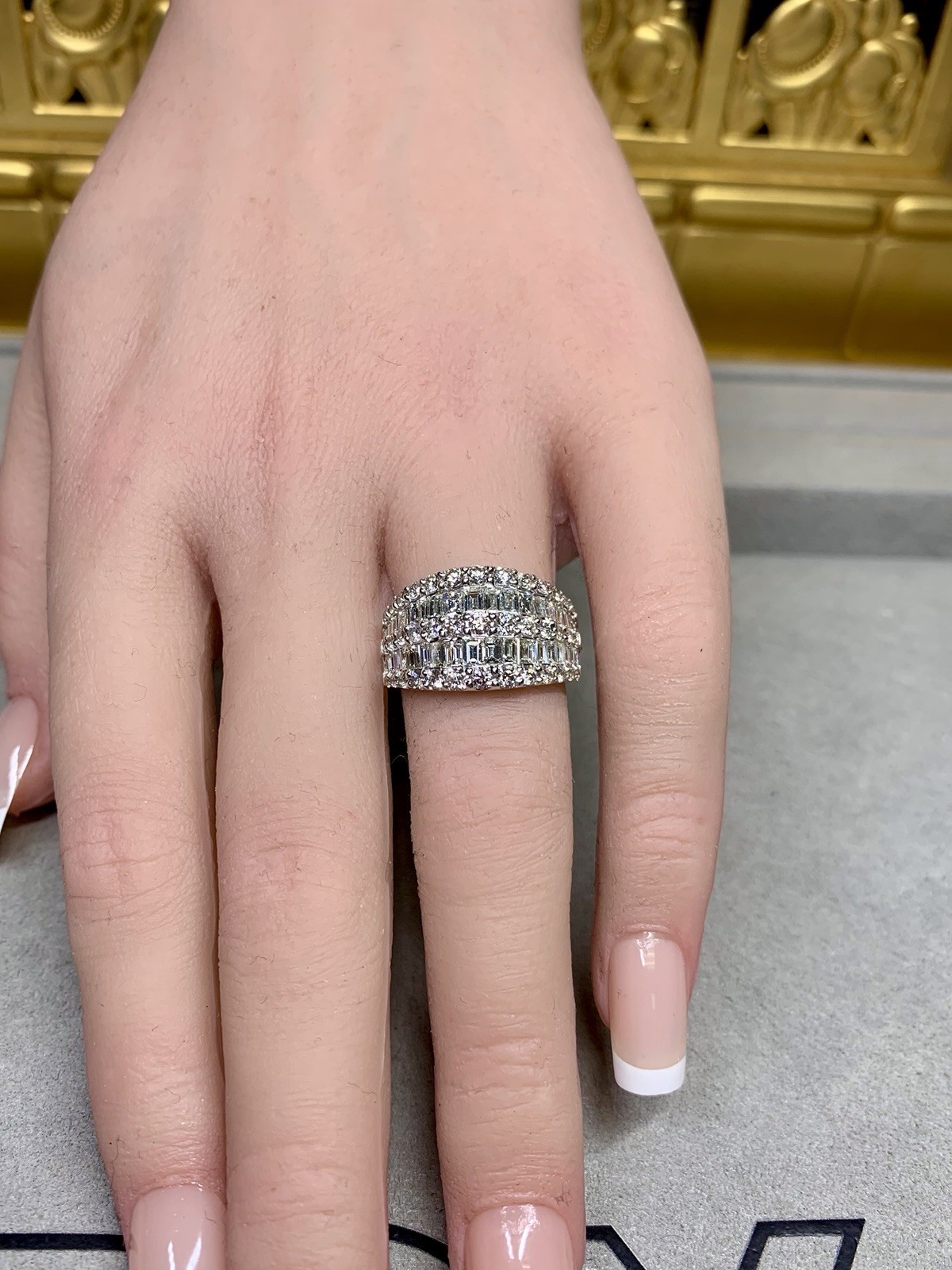 Estate 18K White Gold Baguette & Round Diamond Multi Row Wide Band Cocktail Ring