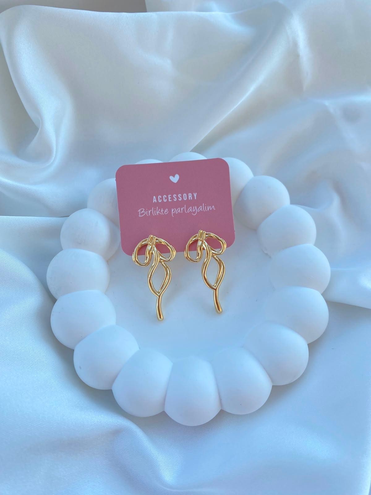 Handmade Gold Bow Earrings Women Wire Ribbon Stud Dangle Minimalist Trendy