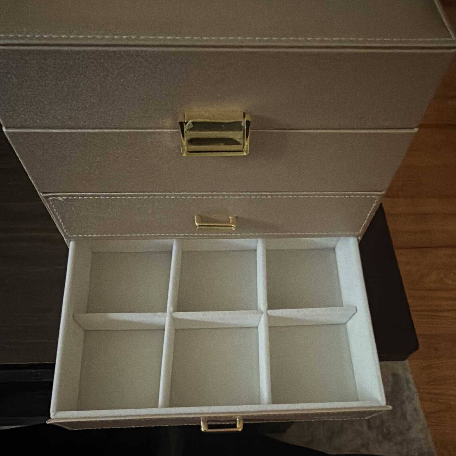 Faux Leather Jewelry Box Organizer, Gold, Velvet Lined, Drawers, Compartments