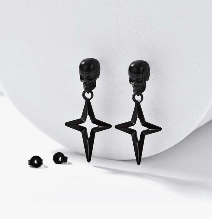 Bandmax Skull Four Point Star Gunmetal Earrings