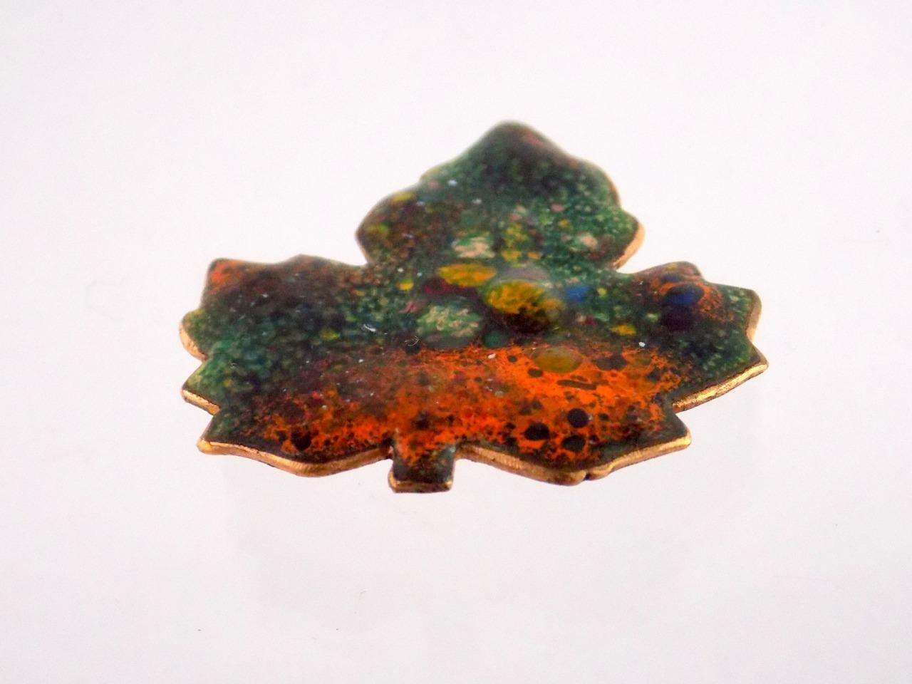 Vintage Enamel over Copper Leaf Pin MCM Mid Century Modern Brooch Unsigned VG
