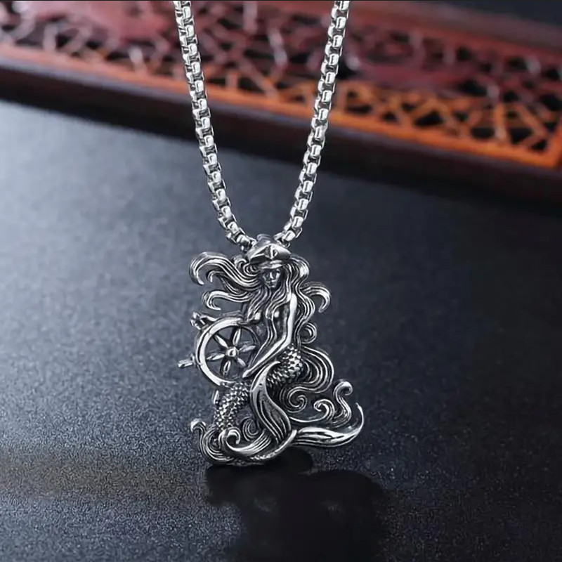 Pirate Mermaid Jewelry Vintage Silver Sexy Goddess Standing Pendant Necklace