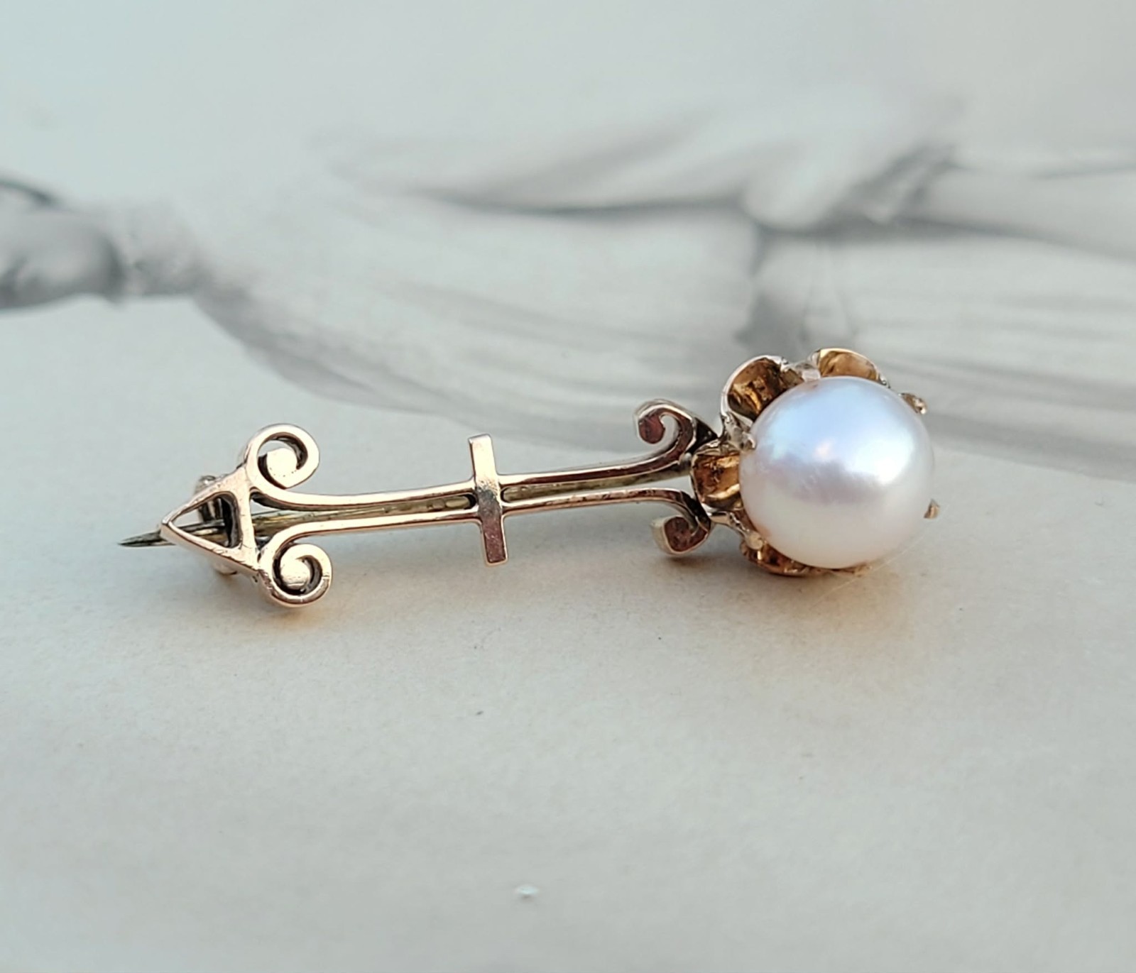 Antique 10k Yellow Gold Pearl Belcher Set Asymmetrical Victorian Brooch Pin