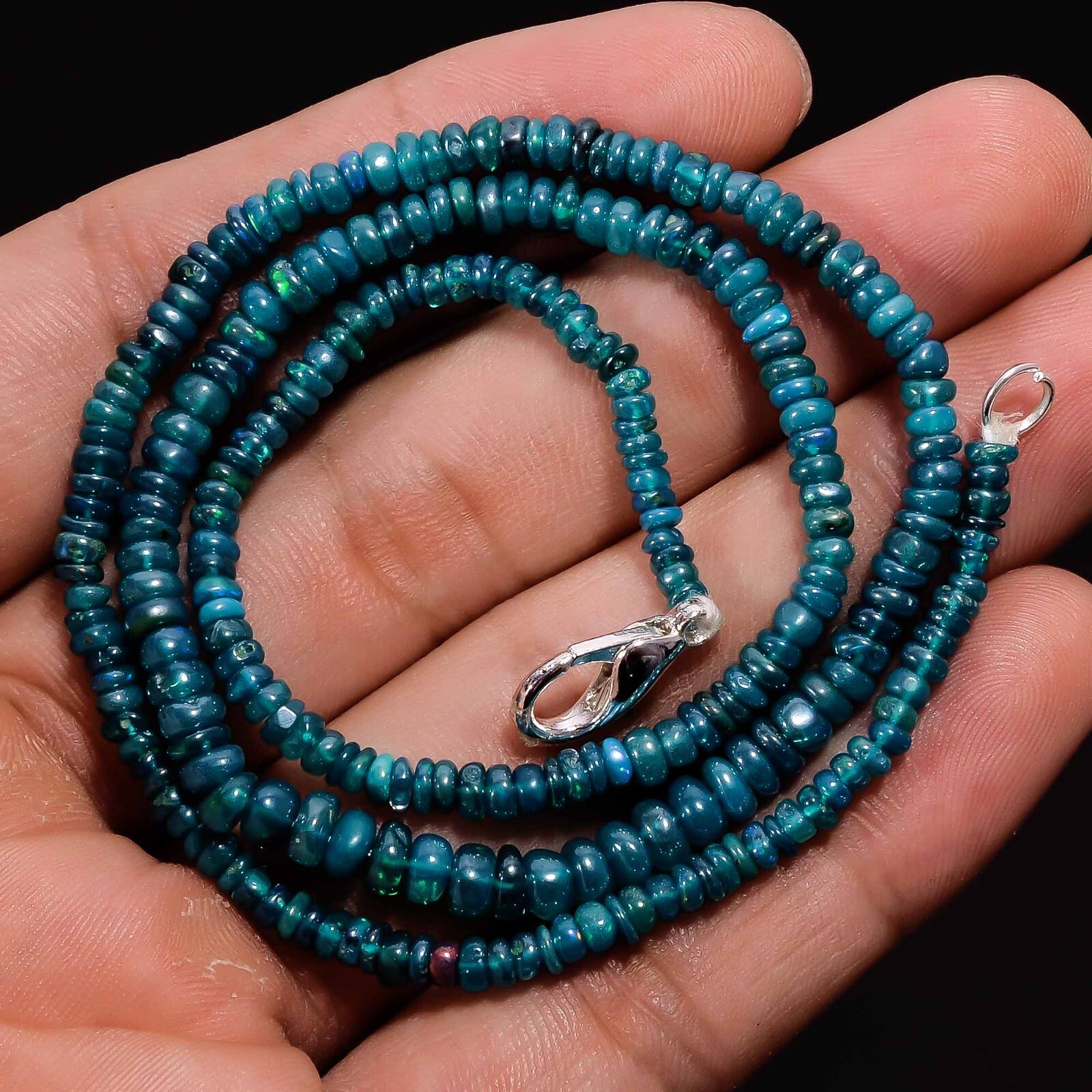 30 Ct. Welo Fire Green Ethiopian Opal Rondelle Smooth Beads Necklace 17″ A-3028