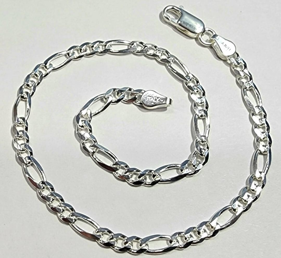 Figaro Link Bracelet 7 inch Long 925 Sterling Silver 4mm wide Italy new