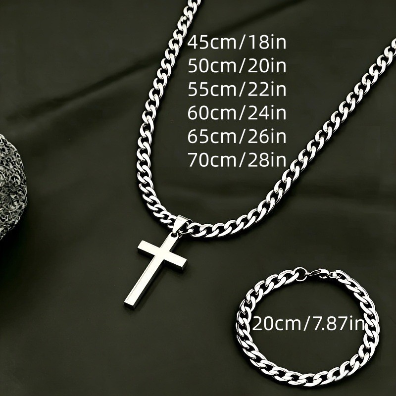 Stainless Steel Cross Pendant Necklace Set, Cuban Twist Chain + Cross, Unisex