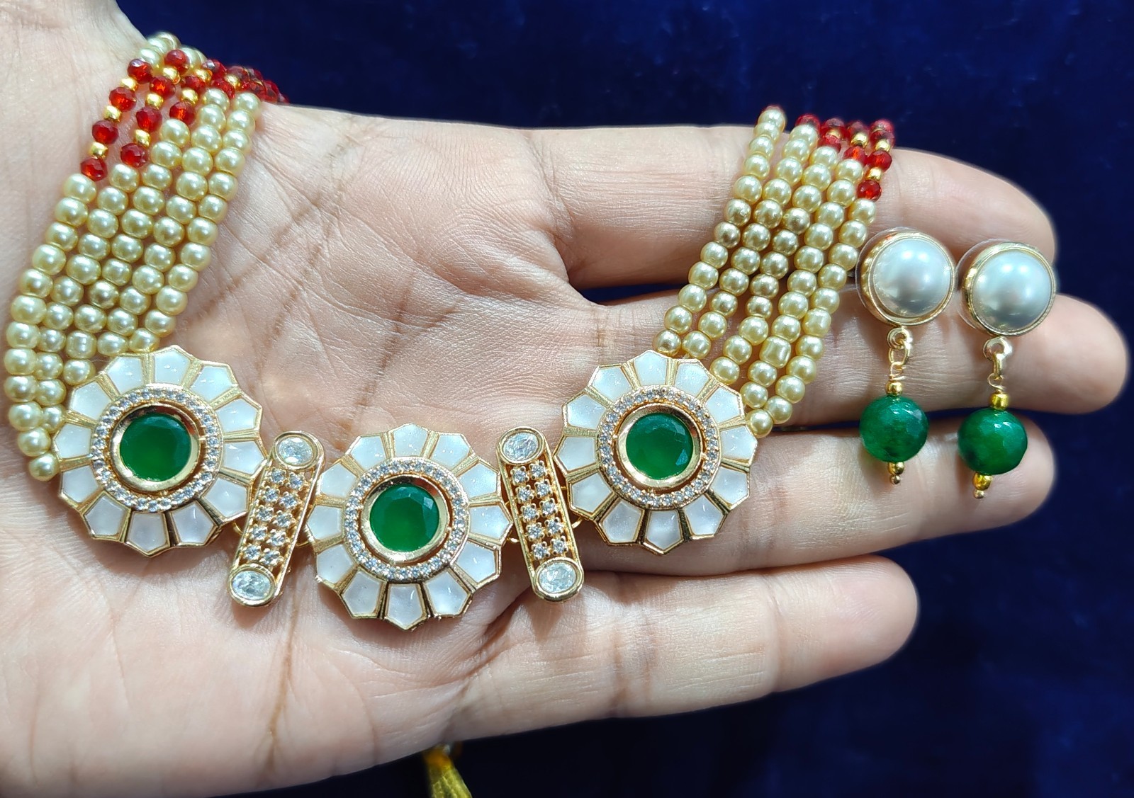 Moissanite Kundan Polki Pendant Pearl MOP Choker Necklace Earring India/Pakistan