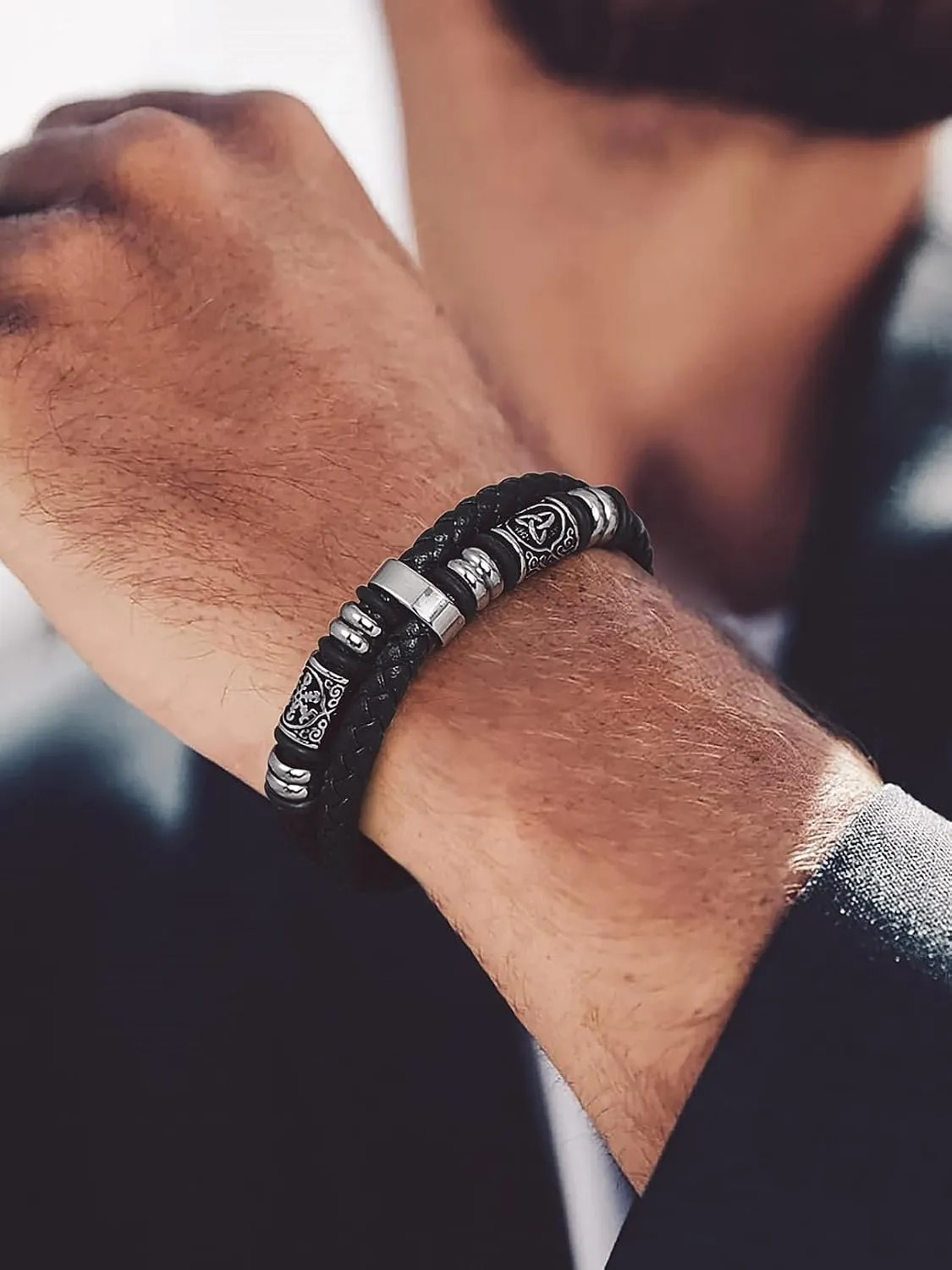 Men Black Double Wax Rope Bracelet Waterproof Stainless Steel Celtic Knot 7 9…