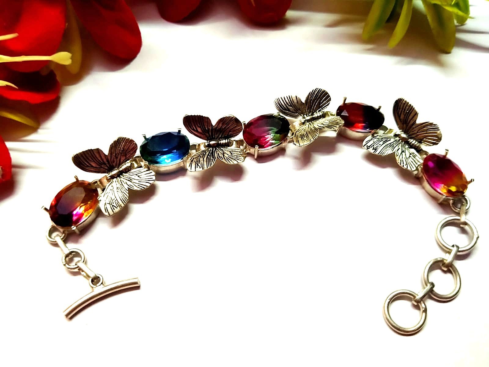 Multicolor Gemstone Handmade 925 Sterling Silver Jewelry Bracelet Sz-7-8”